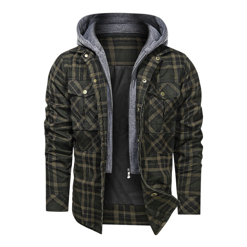 Slim Fit Plaid Jacket w/ Detachable Hood - Army Green