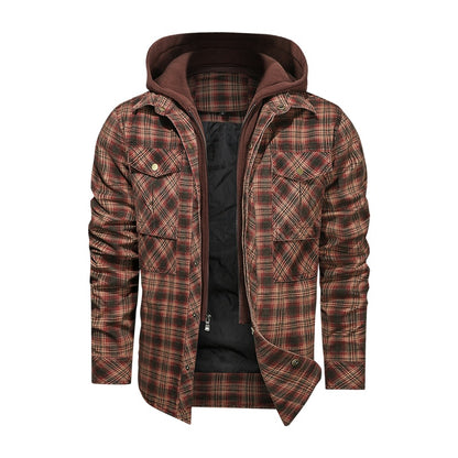 Slim Fit Plaid Jacket w/ Detachable Hood - Chestnut Brown