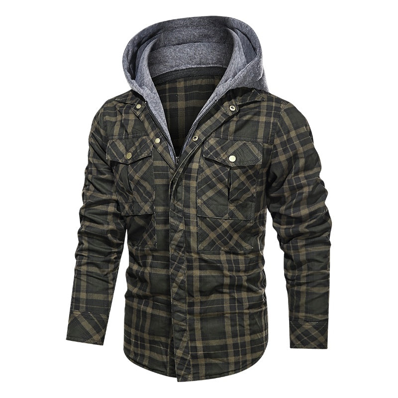 Slim Fit Plaid Jacket w/ Detachable Hood - Army Green