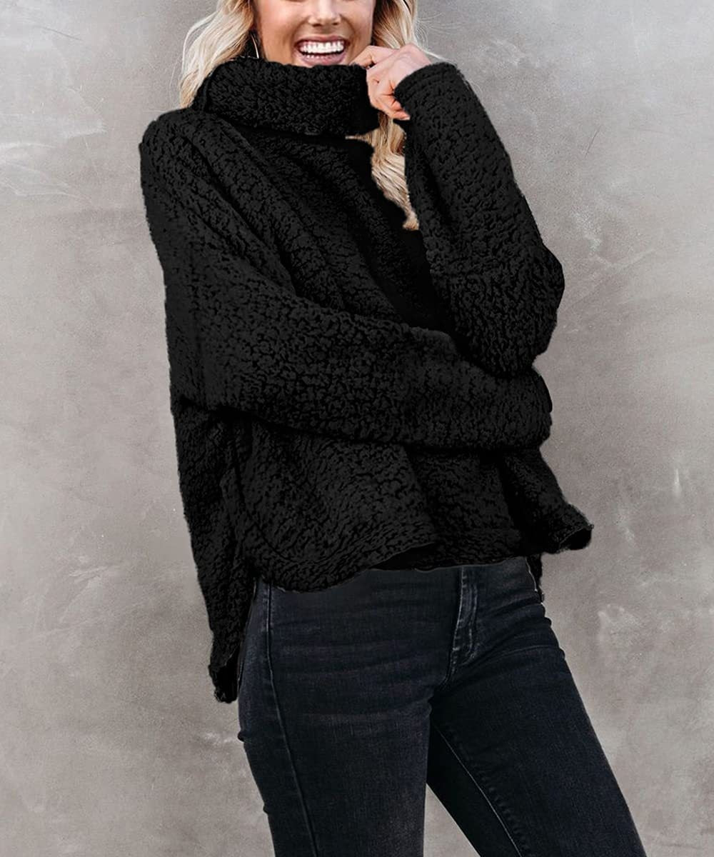 Women's Furry Turtleneck Plush Pullover - Black