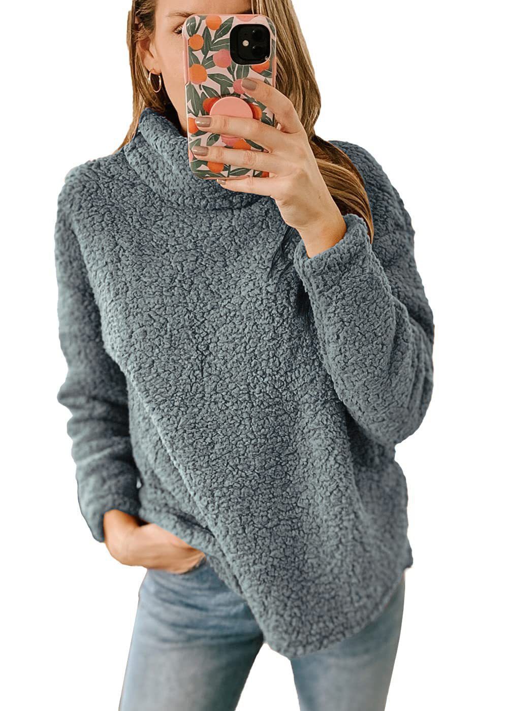 Women's Furry Turtleneck Plush Pullover - Dark Gray