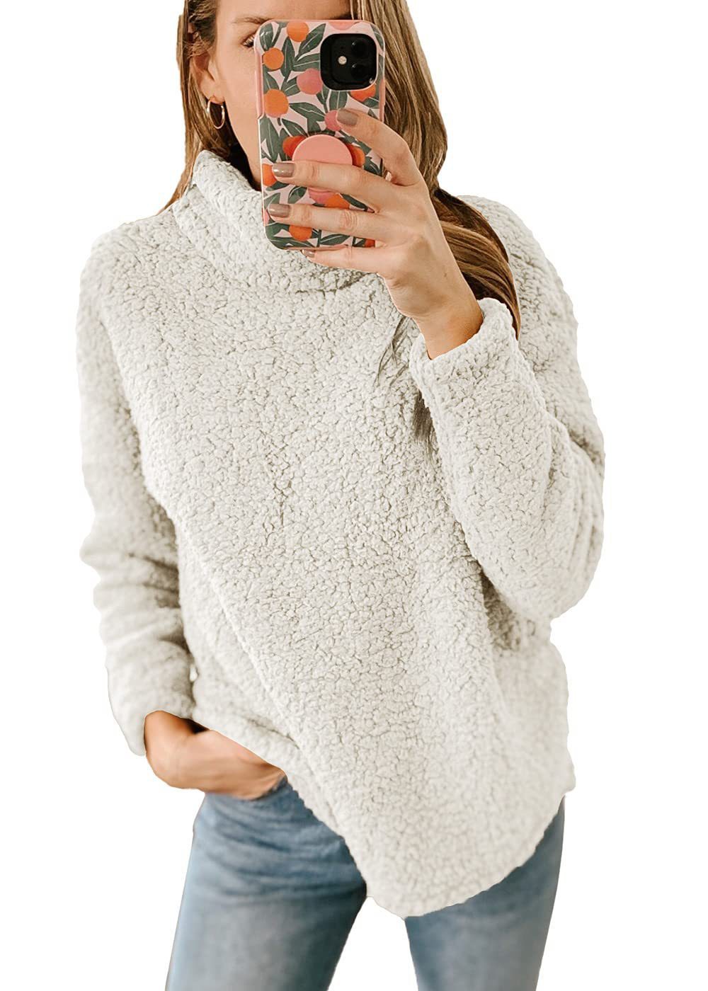 Women's Furry Turtleneck Plush Pullover - Creamy White