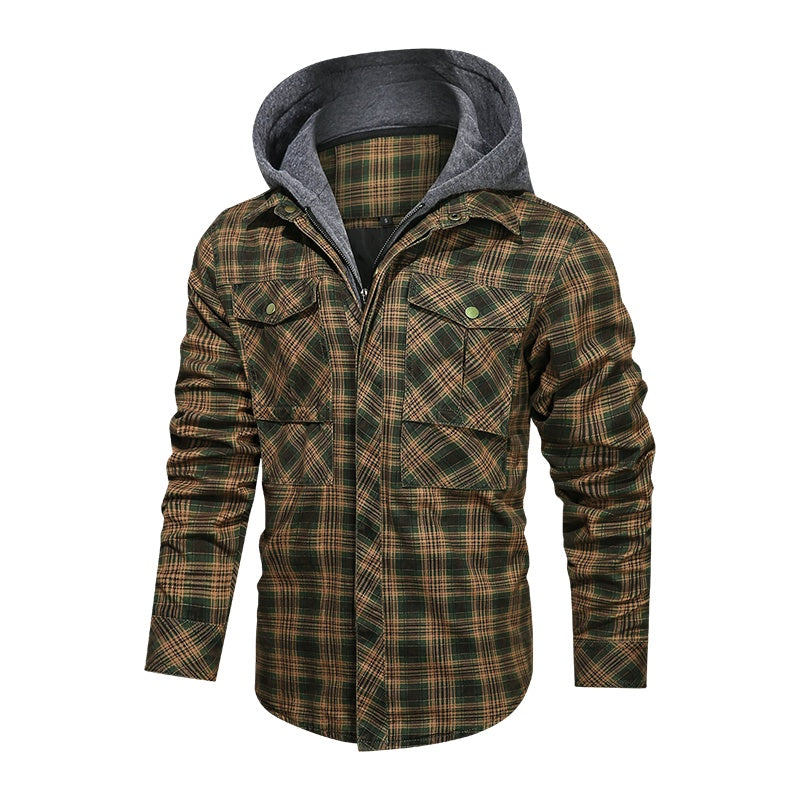 Slim Fit Plaid Jacket w/ Detachable Hood - Sage Green