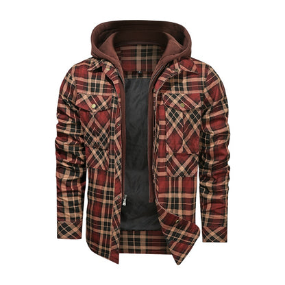 Slim Fit Plaid Jacket w/ Detachable Hood - Red Earth