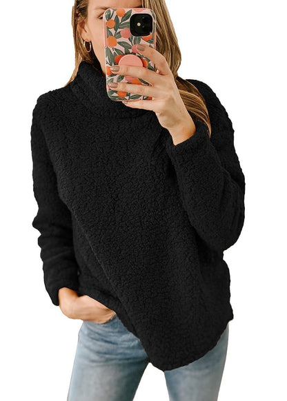 Women's Furry Turtleneck Plush Pullover - Black