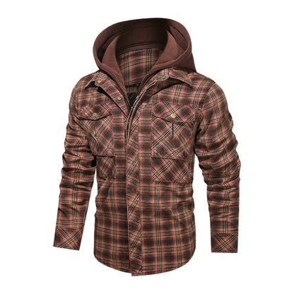 Slim Fit Plaid Jacket w/ Detachable Hood - Chestnut Brown