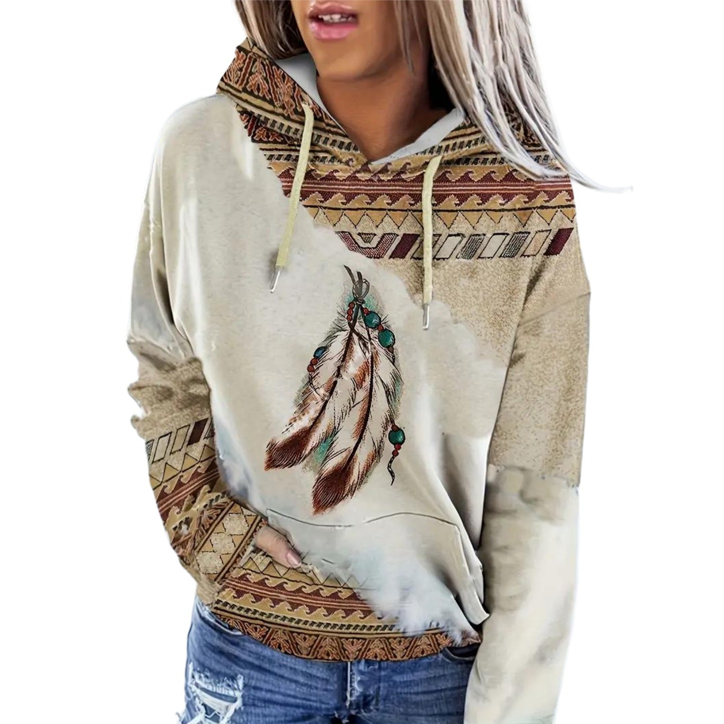 Women's Multicolor Rustic Print Hoodie - Latte Feather