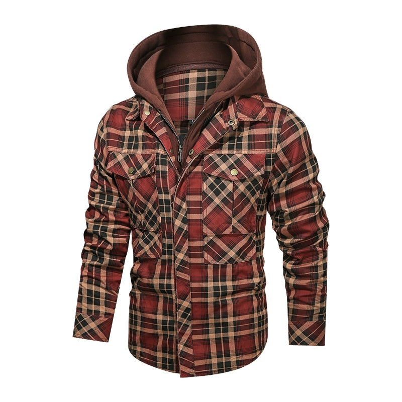 Slim Fit Plaid Jacket w/ Detachable Hood - Red Earth