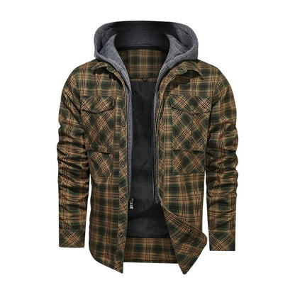 Slim Fit Plaid Jacket w/ Detachable Hood - Sage Green