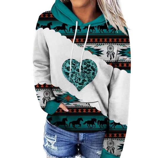 Women's Multicolor Rustic Print Hoodie - Turquoise Heart